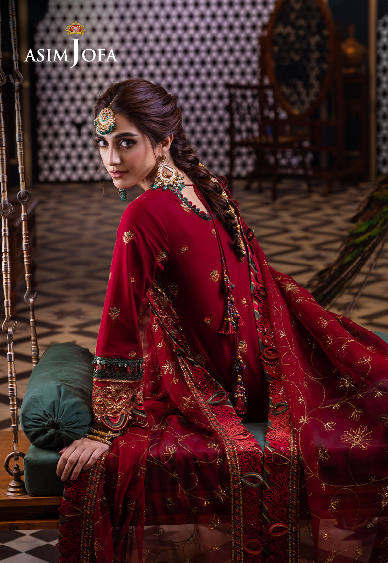 Crimson Red Embroidered Lawn & Chiffon 3-Piece Suit - Image 10