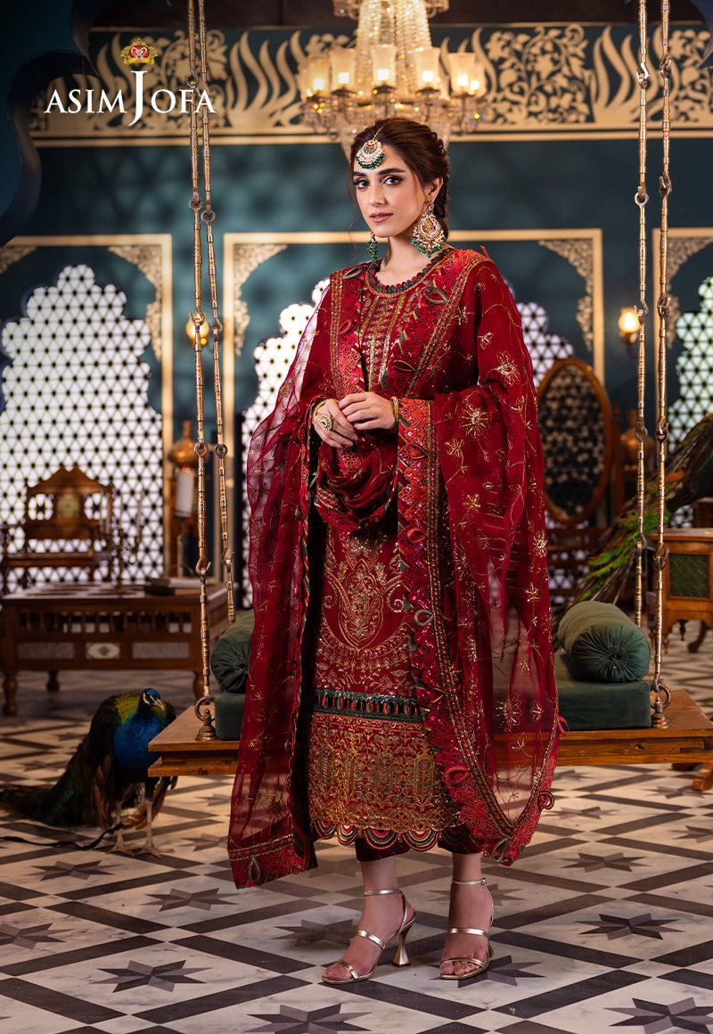 Crimson Red Embroidered Lawn & Chiffon 3-Piece Suit - Image 5