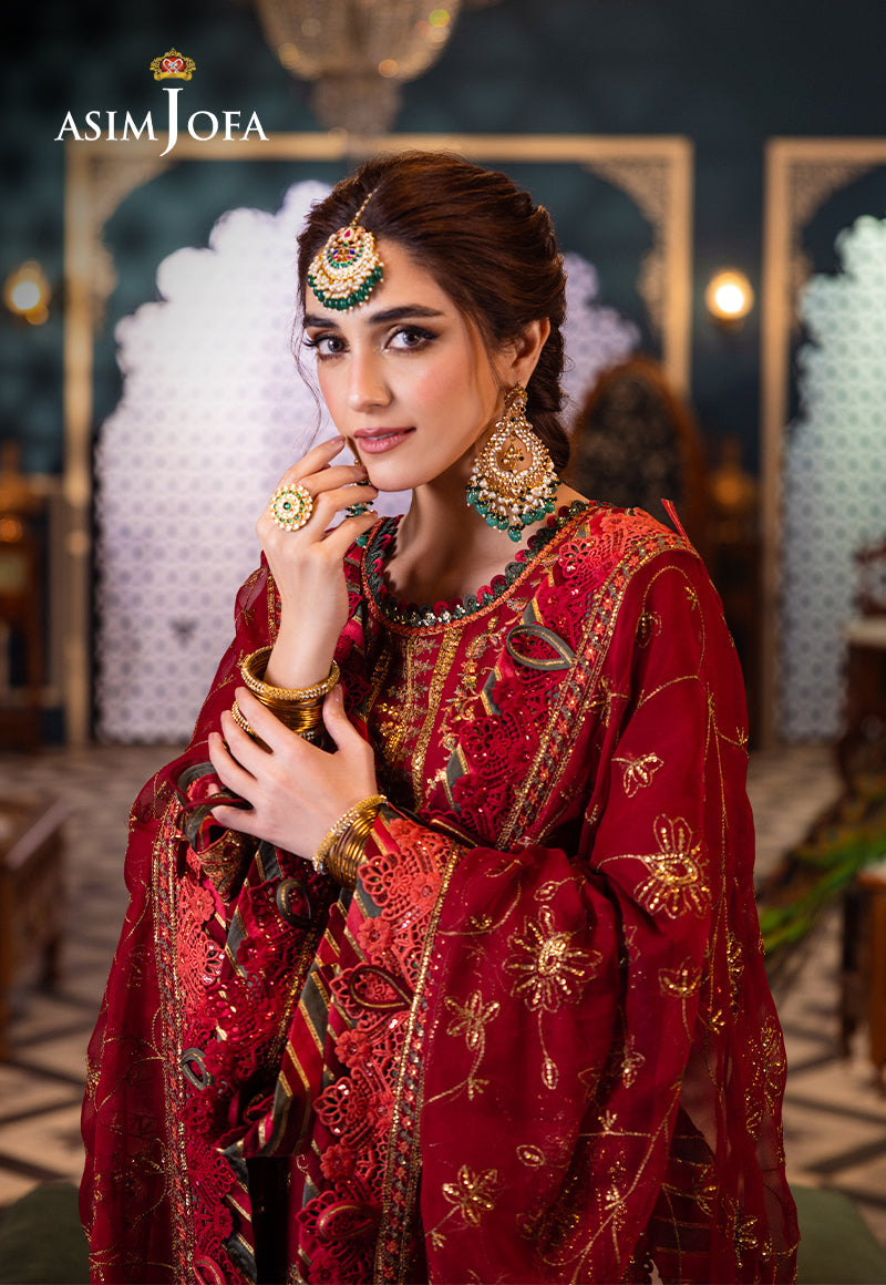 Crimson Red Embroidered Lawn & Chiffon 3-Piece Suit - Image 6