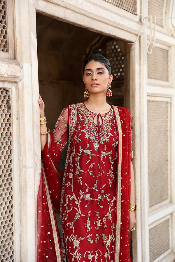 Pakistani Deep Red Embroidered Net Salwar Kameez (3-Piece) - Image 2