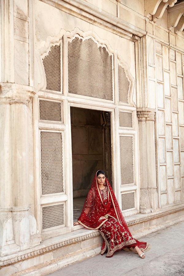 Pakistani Deep Red Embroidered Net Salwar Kameez (3-Piece) - Image 3