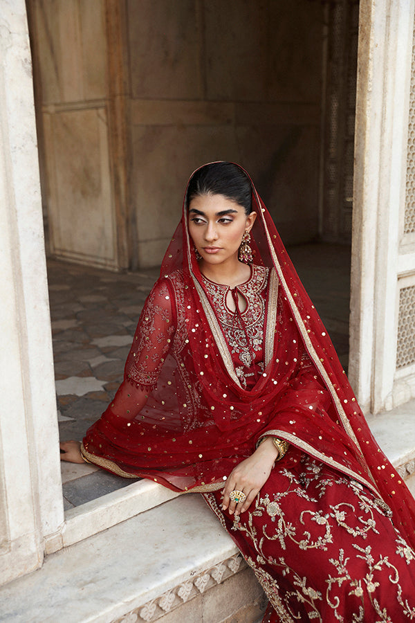 Pakistani Deep Red Embroidered Net Salwar Kameez (3-Piece) - Image 5