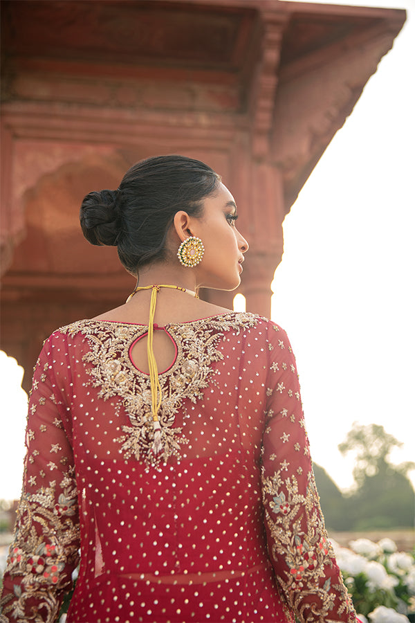 Ruby Red Zardozi Net Organza Bridal Shirt (3-Piece) - Image 3