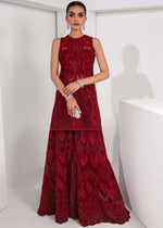 Pakistani Deep Red Embellished Net & Silk Salwar Kameez (3-Piece) - Image 2