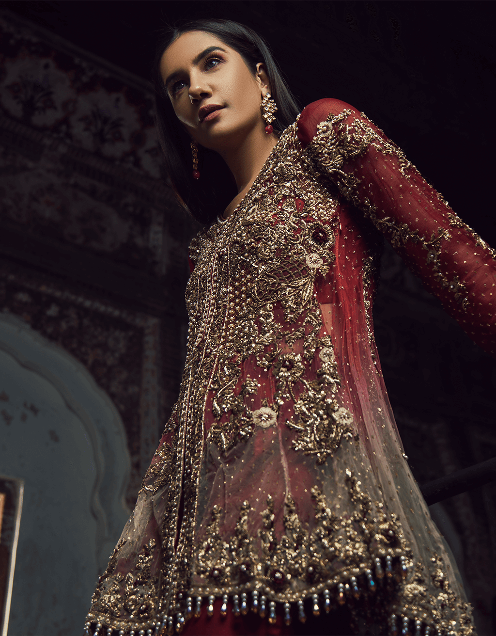 Indian Scarlet Ombre Embroidered Net Jacket Set (3-Piece) - Image 1