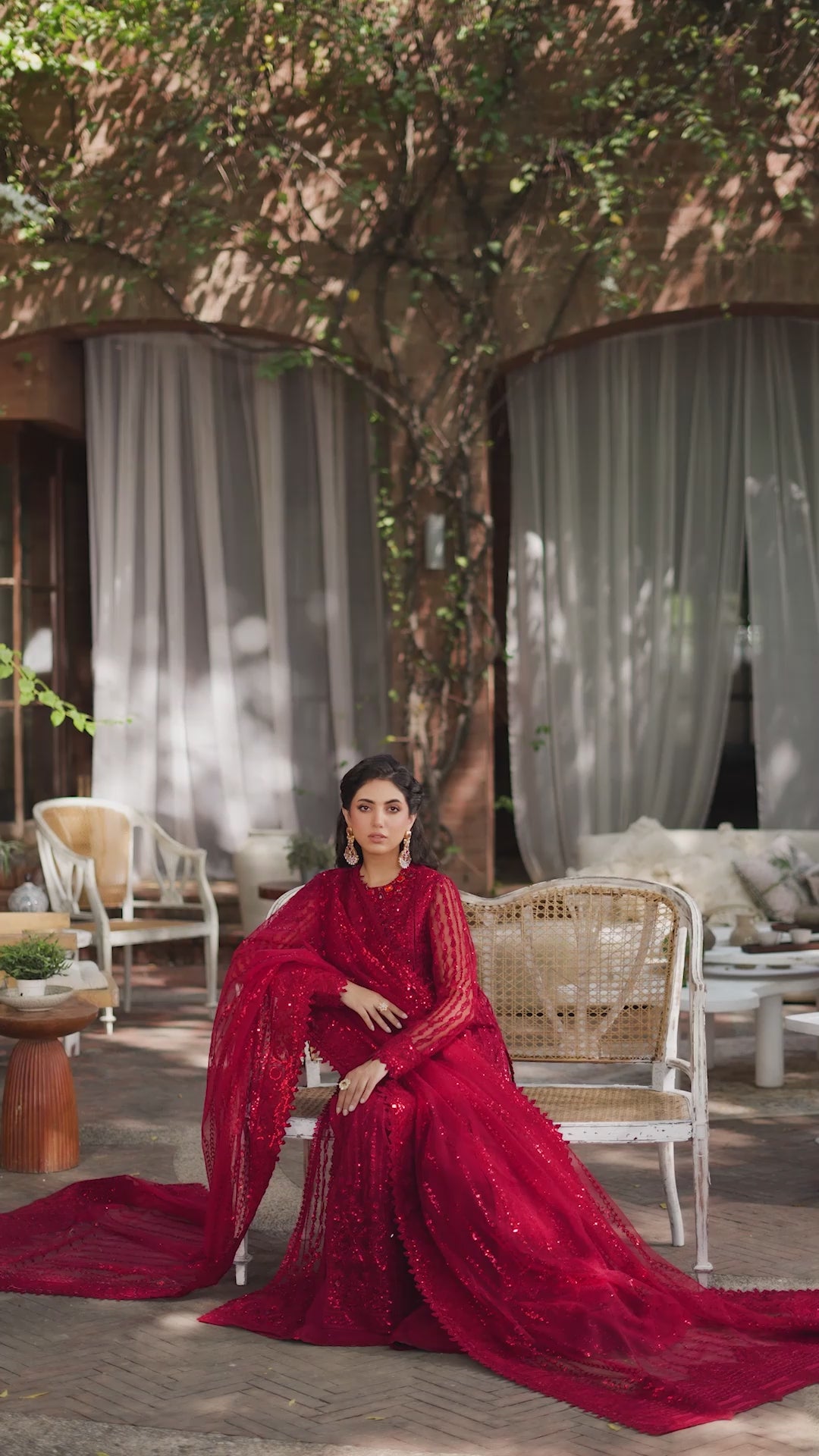 Pakistani Deep Red Hand-Embroidered Net Salwar Kameez (3-Piece) - Image 2