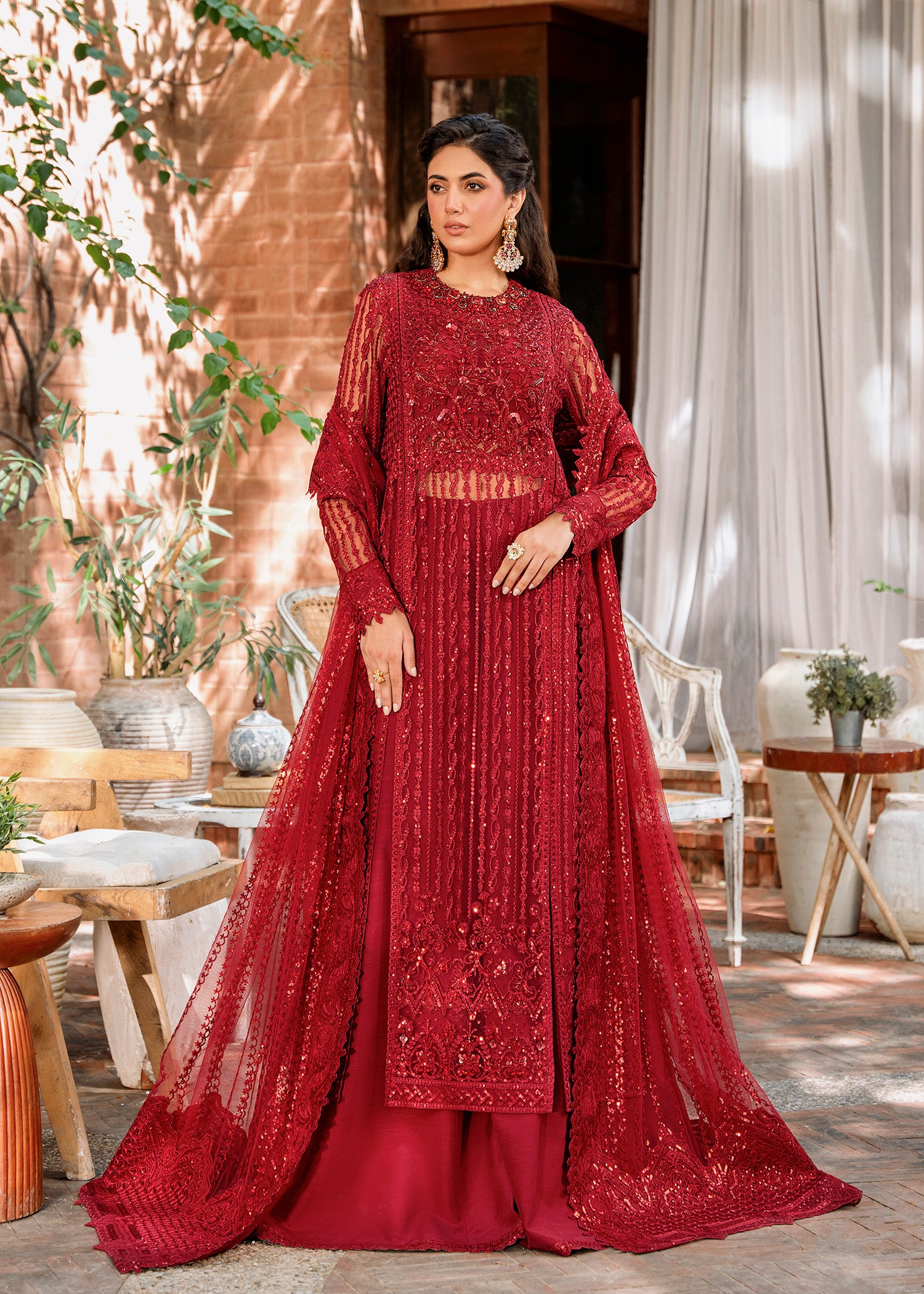 Pakistani Deep Red Hand-Embroidered Net Salwar Kameez (3-Piece) - Image 3
