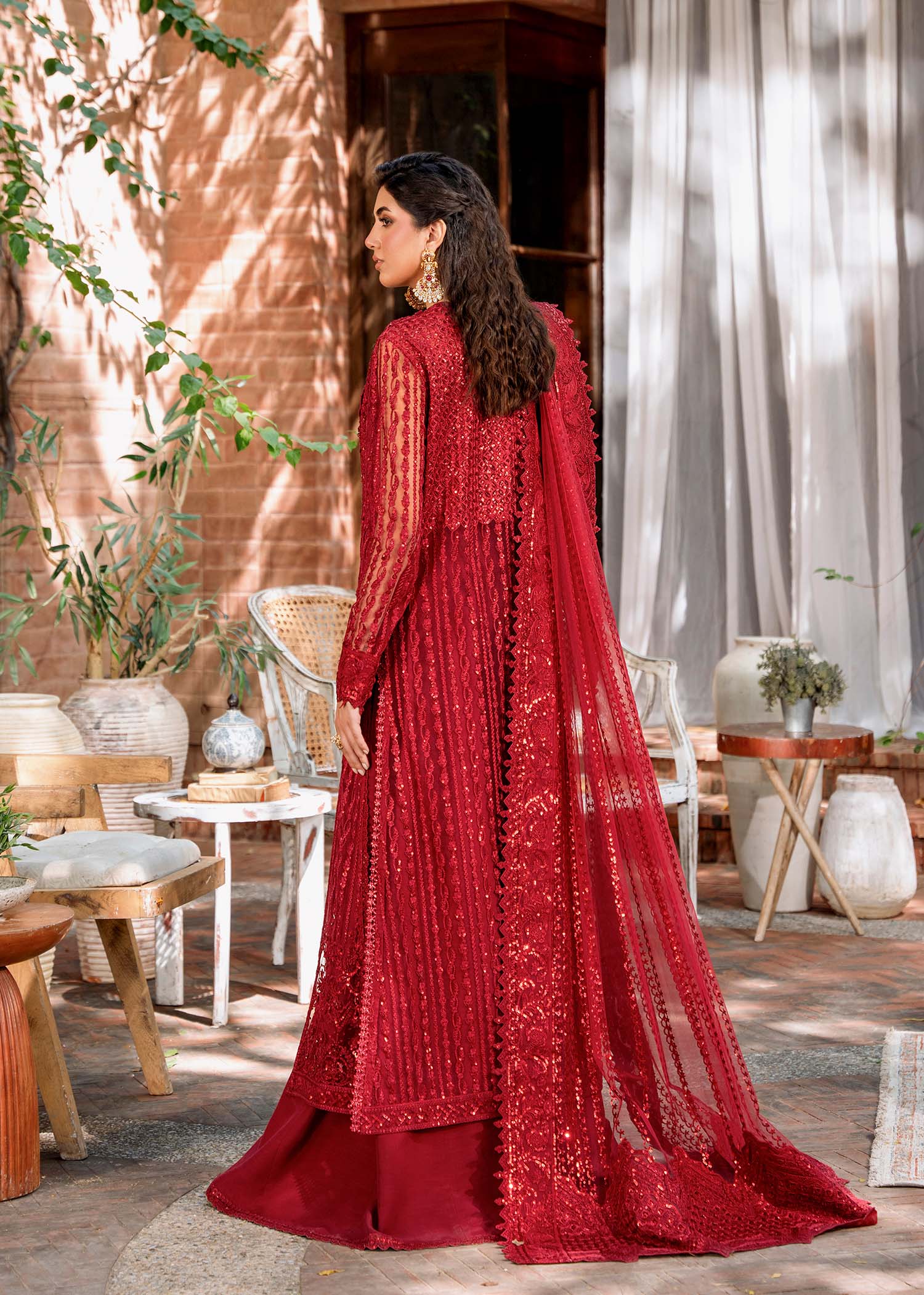 Pakistani Deep Red Hand-Embroidered Net Salwar Kameez (3-Piece) - Image 4