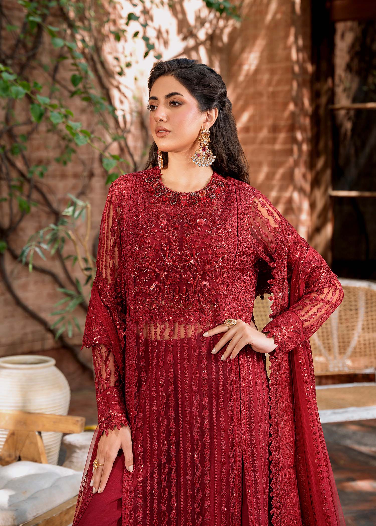 Pakistani Deep Red Hand-Embroidered Net Salwar Kameez (3-Piece) - Image 5
