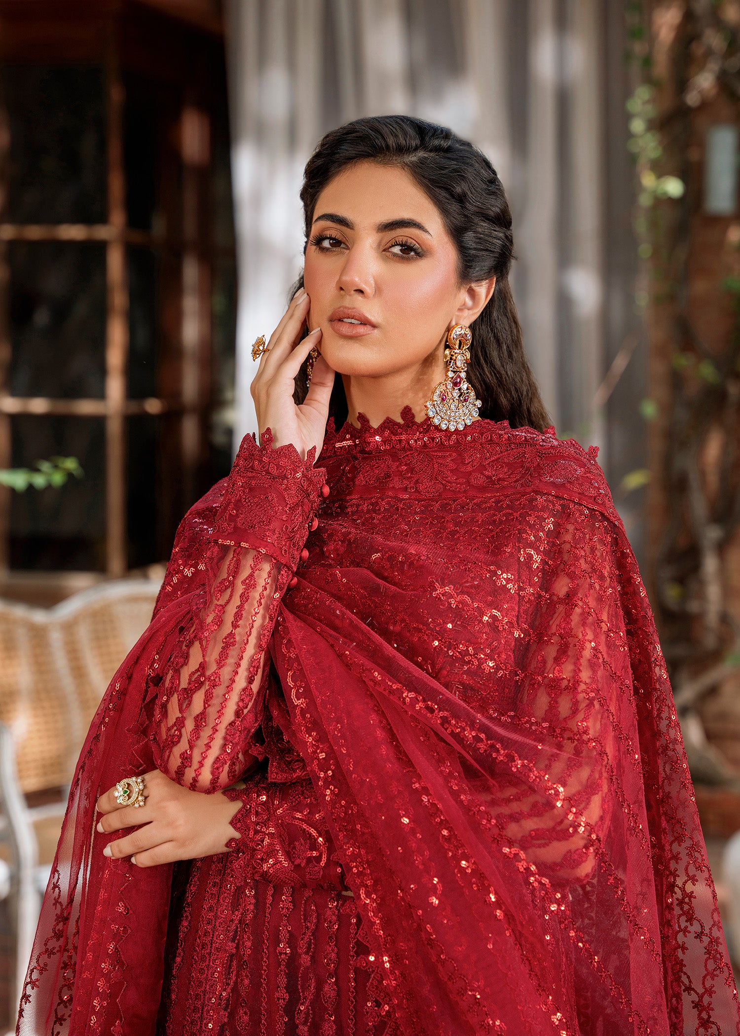 Pakistani Deep Red Hand-Embroidered Net Salwar Kameez (3-Piece) - Image 6