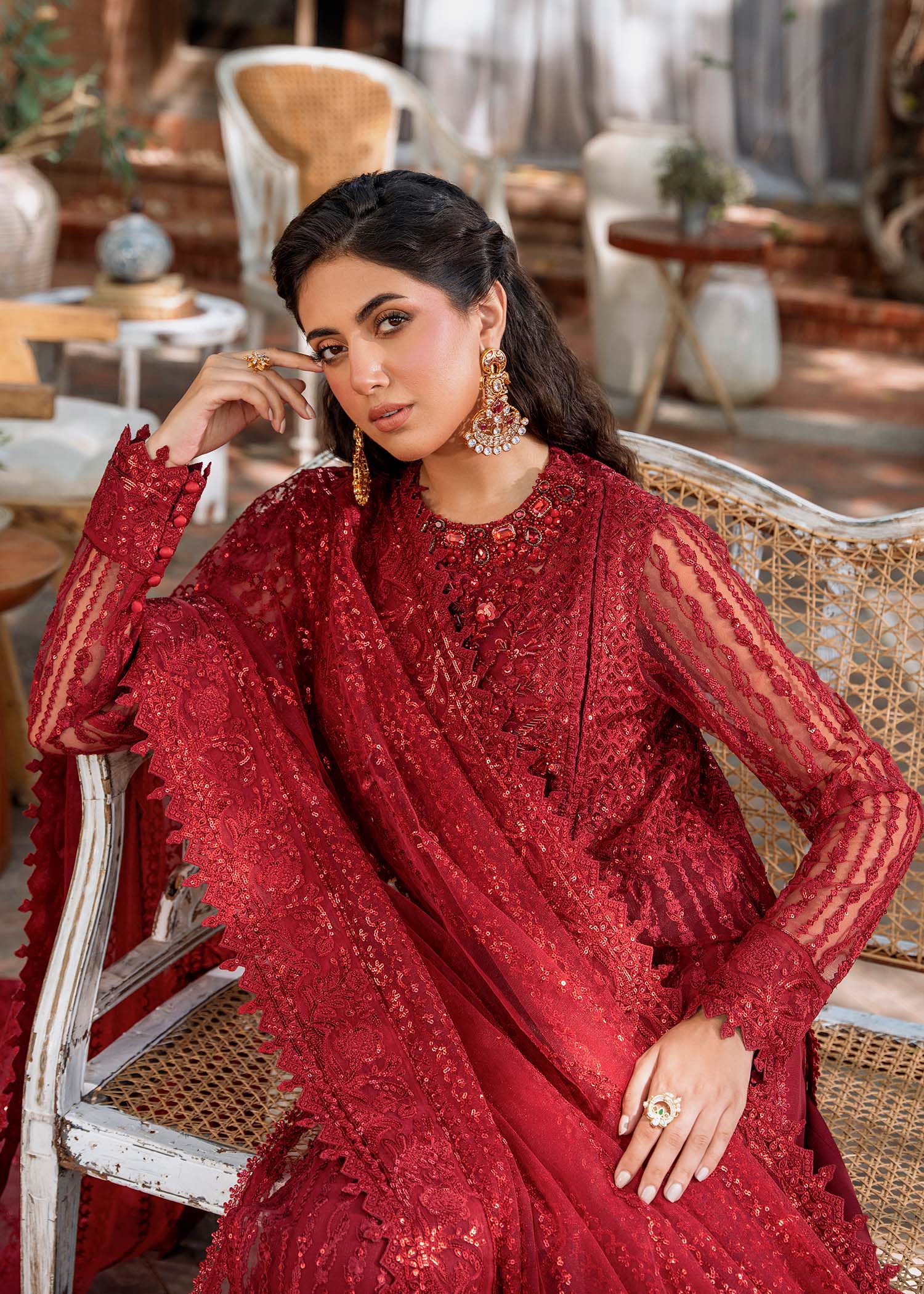 Pakistani Deep Red Hand-Embroidered Net Salwar Kameez (3-Piece) - Image 7