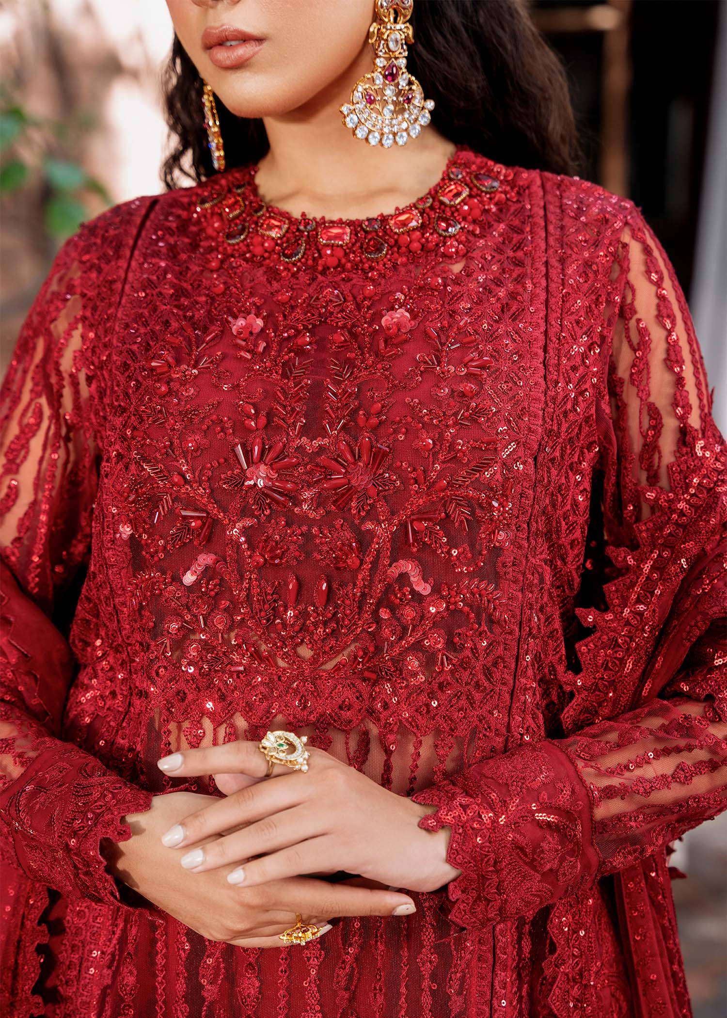Pakistani Deep Red Hand-Embroidered Net Salwar Kameez (3-Piece) - Image 8