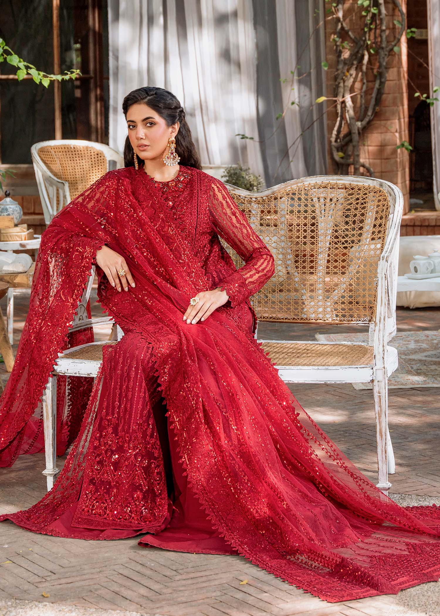 Pakistani Deep Red Hand-Embroidered Net Salwar Kameez (3-Piece) - Image 9
