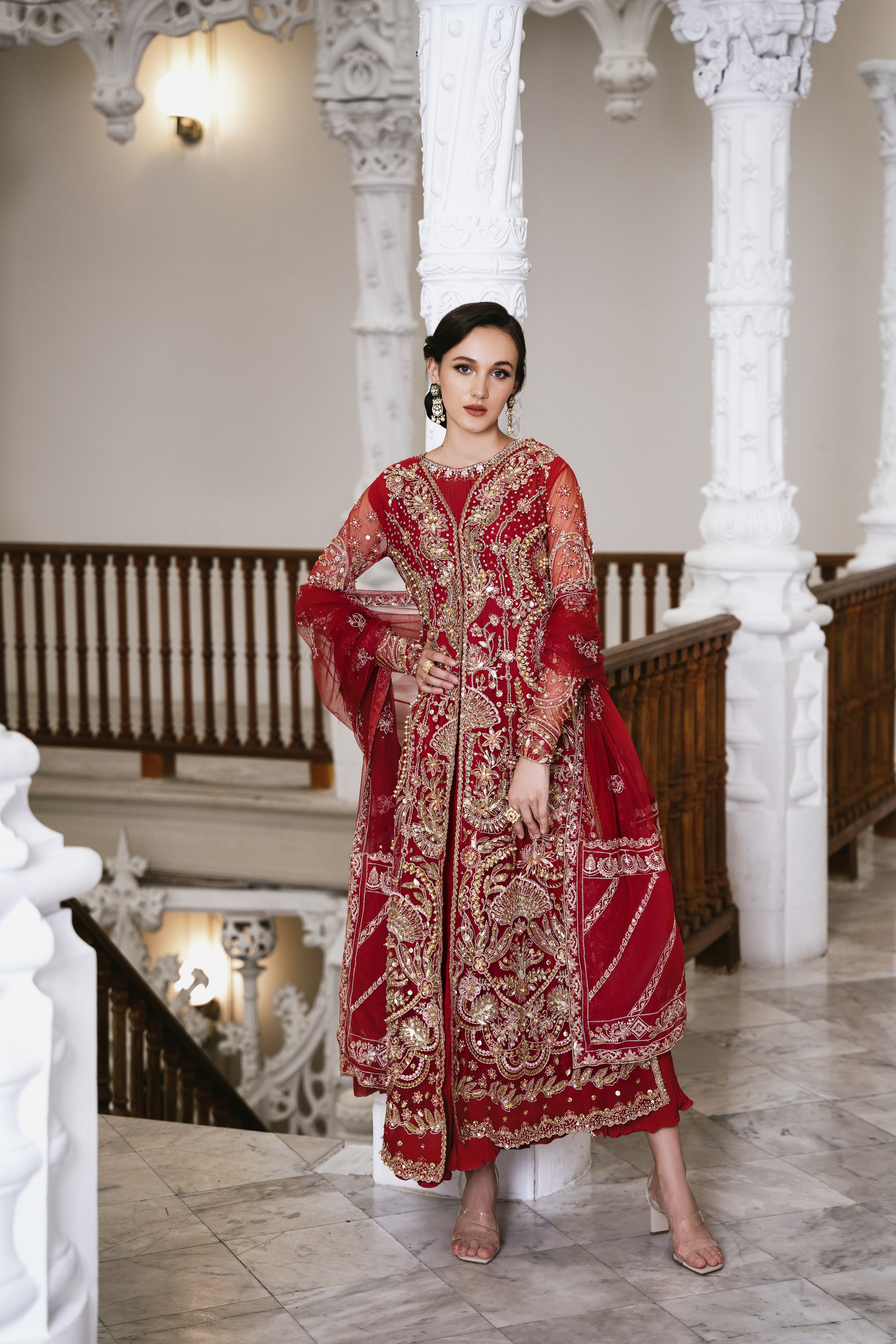 Scarlet Red Zardozi Net Salwar Kameez (3-Piece) - Image 1