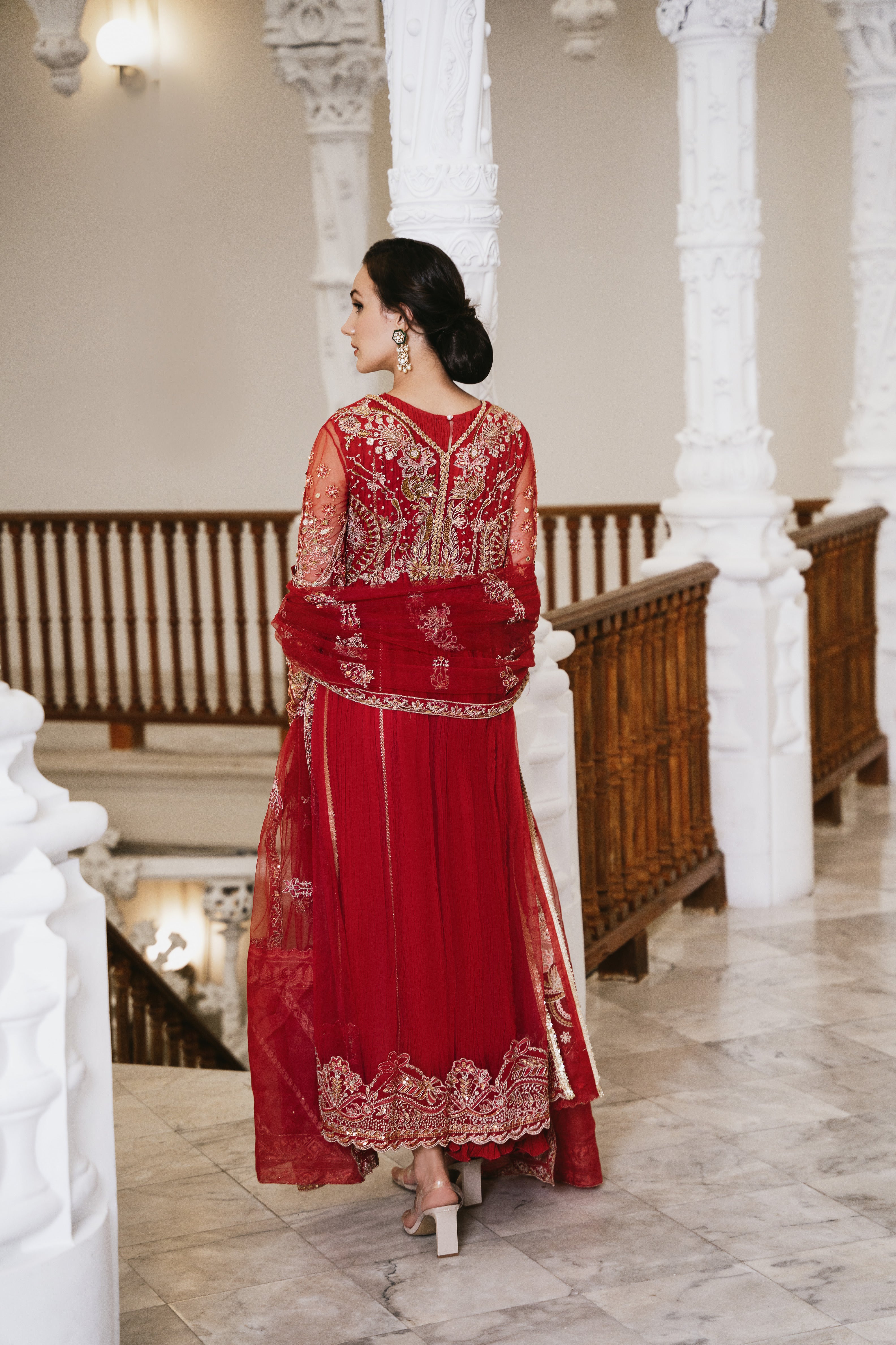 Scarlet Red Zardozi Net Salwar Kameez (3-Piece) - Image 2