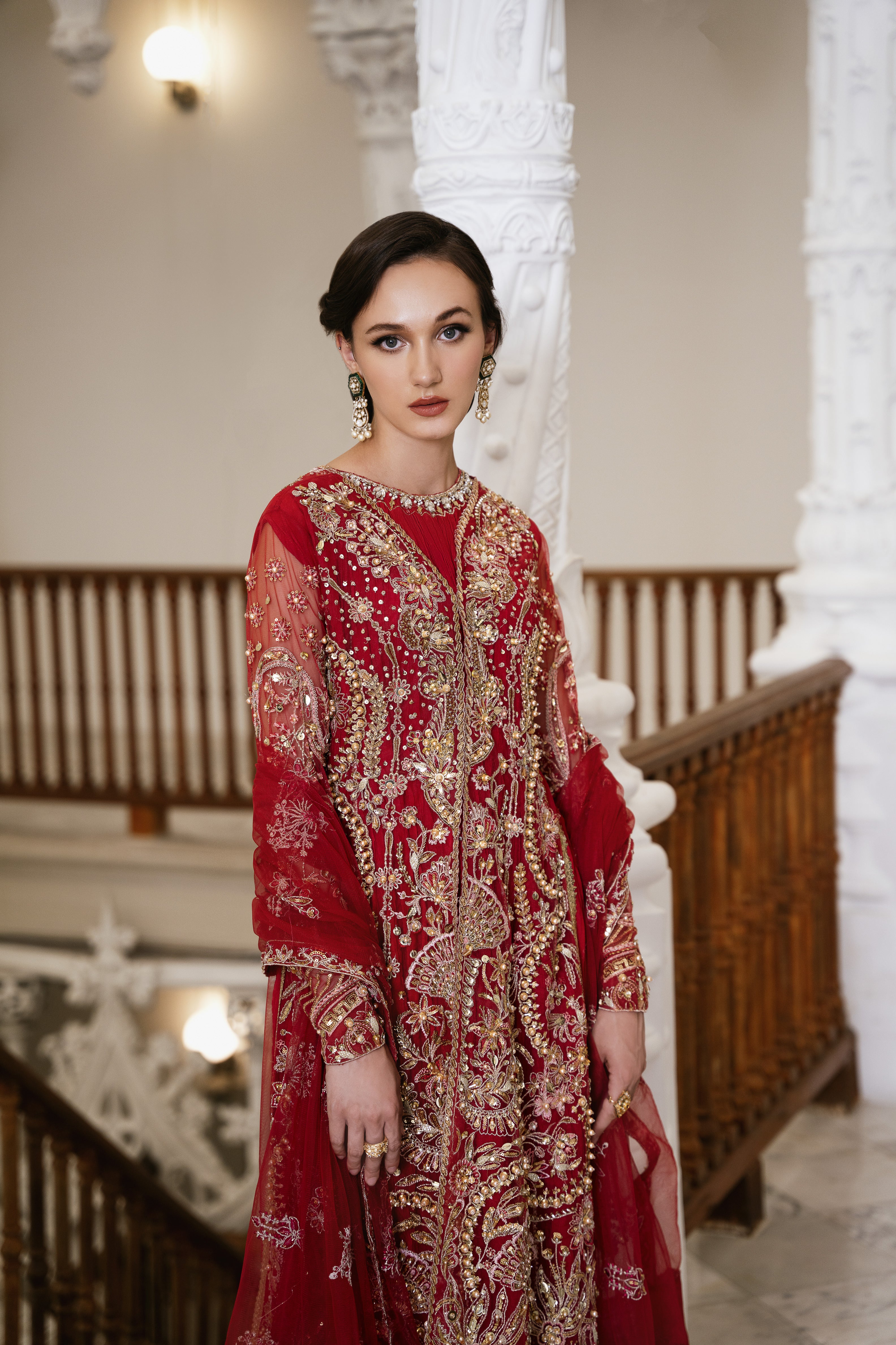 Scarlet Red Zardozi Net Salwar Kameez (3-Piece) - Image 3
