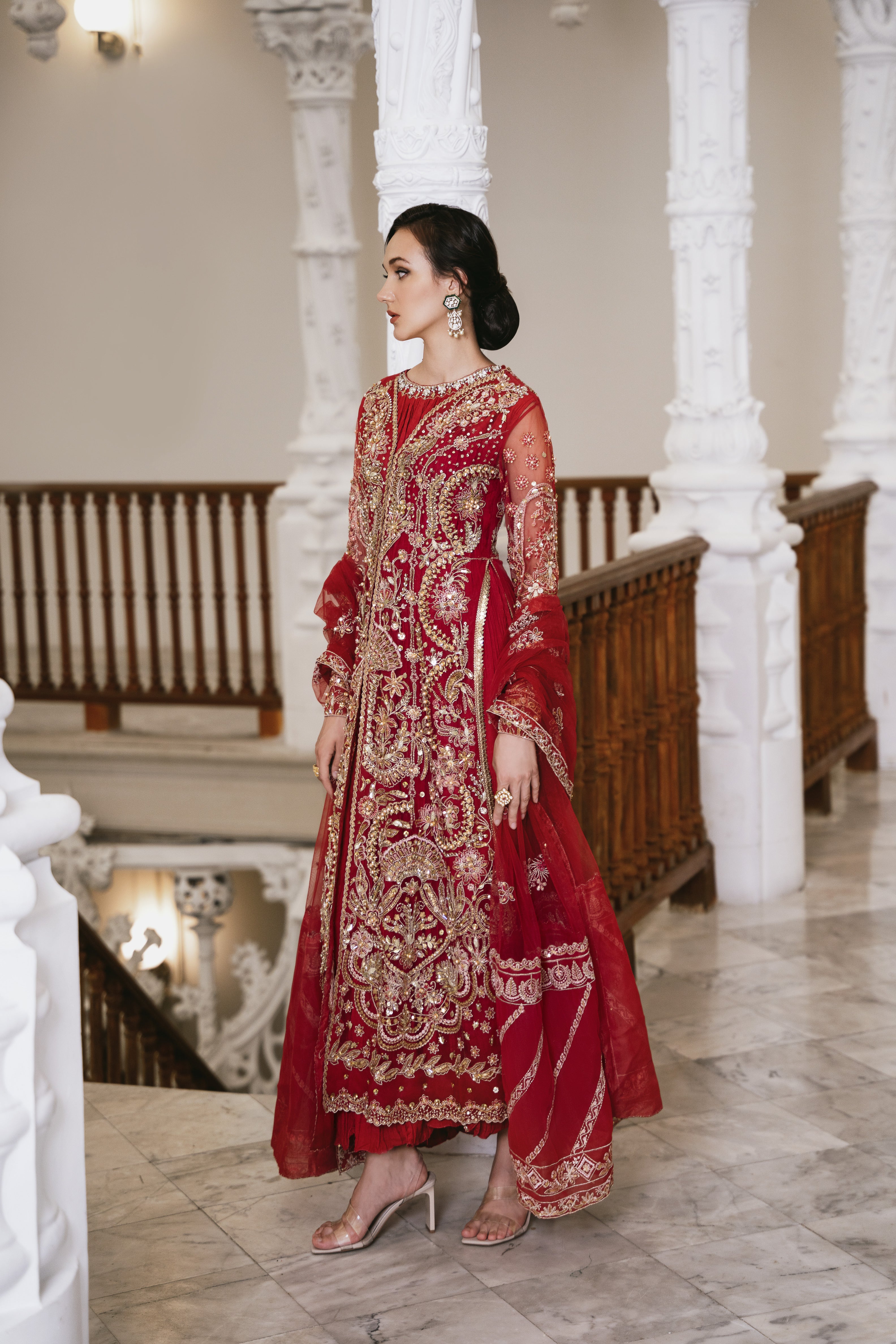 Scarlet Red Zardozi Net Salwar Kameez (3-Piece) - Image 4