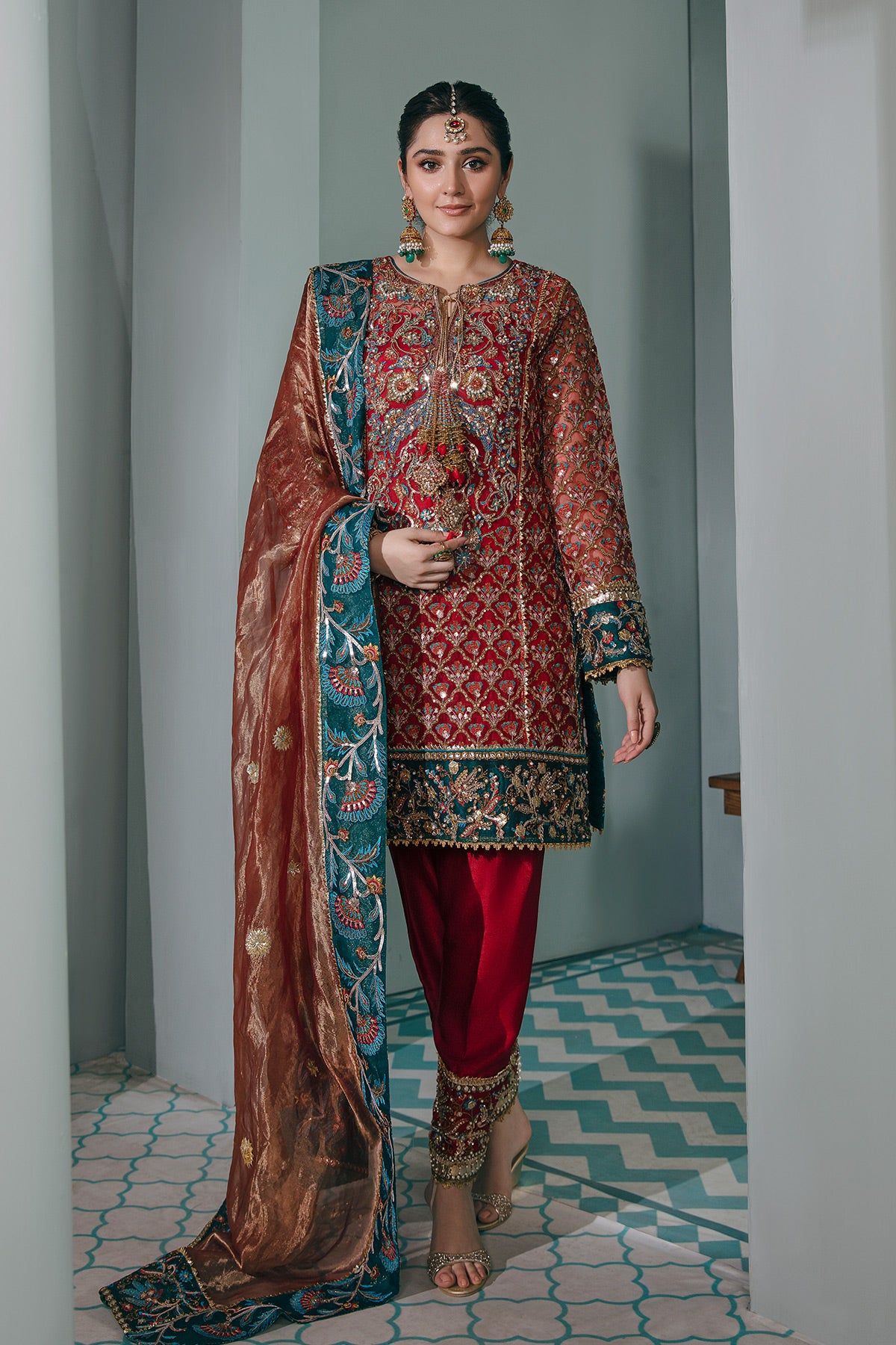 Pakistani Red Zardozi Net Salwar Kameez (3-Piece) - Image 1