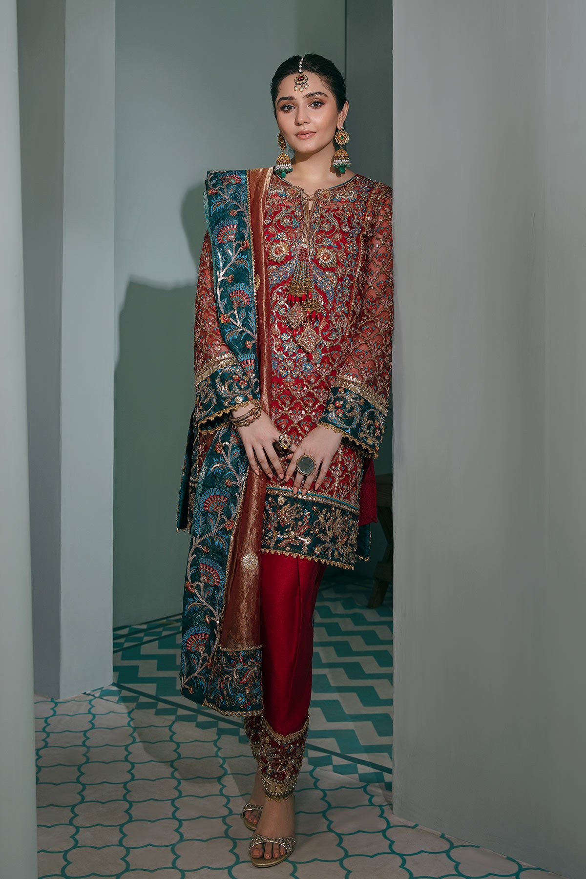 Pakistani Red Zardozi Net Salwar Kameez (3-Piece) - Image 2