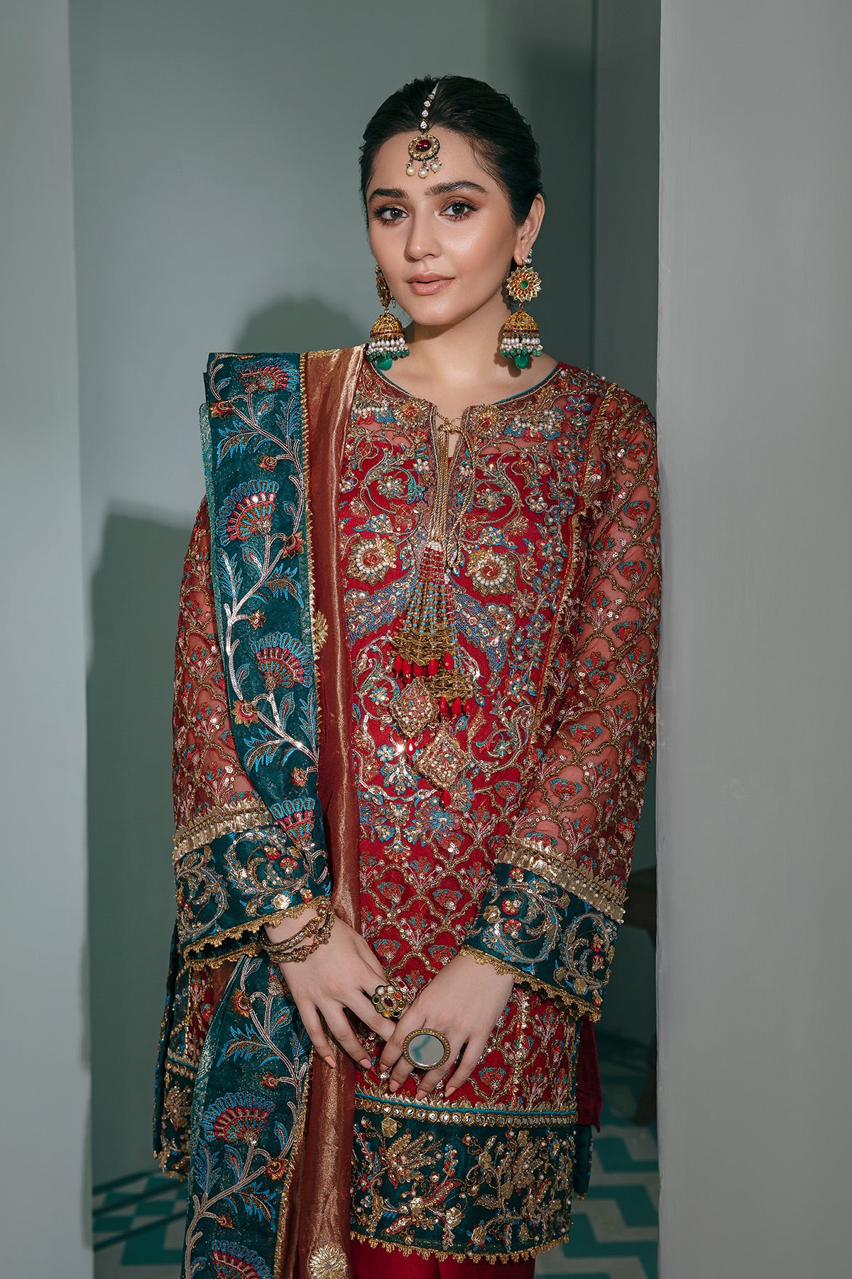 Pakistani Red Zardozi Net Salwar Kameez (3-Piece) - Image 3