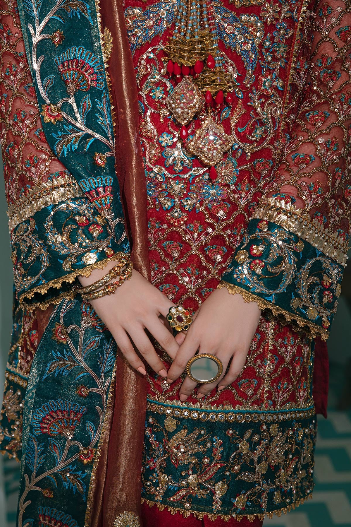 Pakistani Red Zardozi Net Salwar Kameez (3-Piece) - Image 4