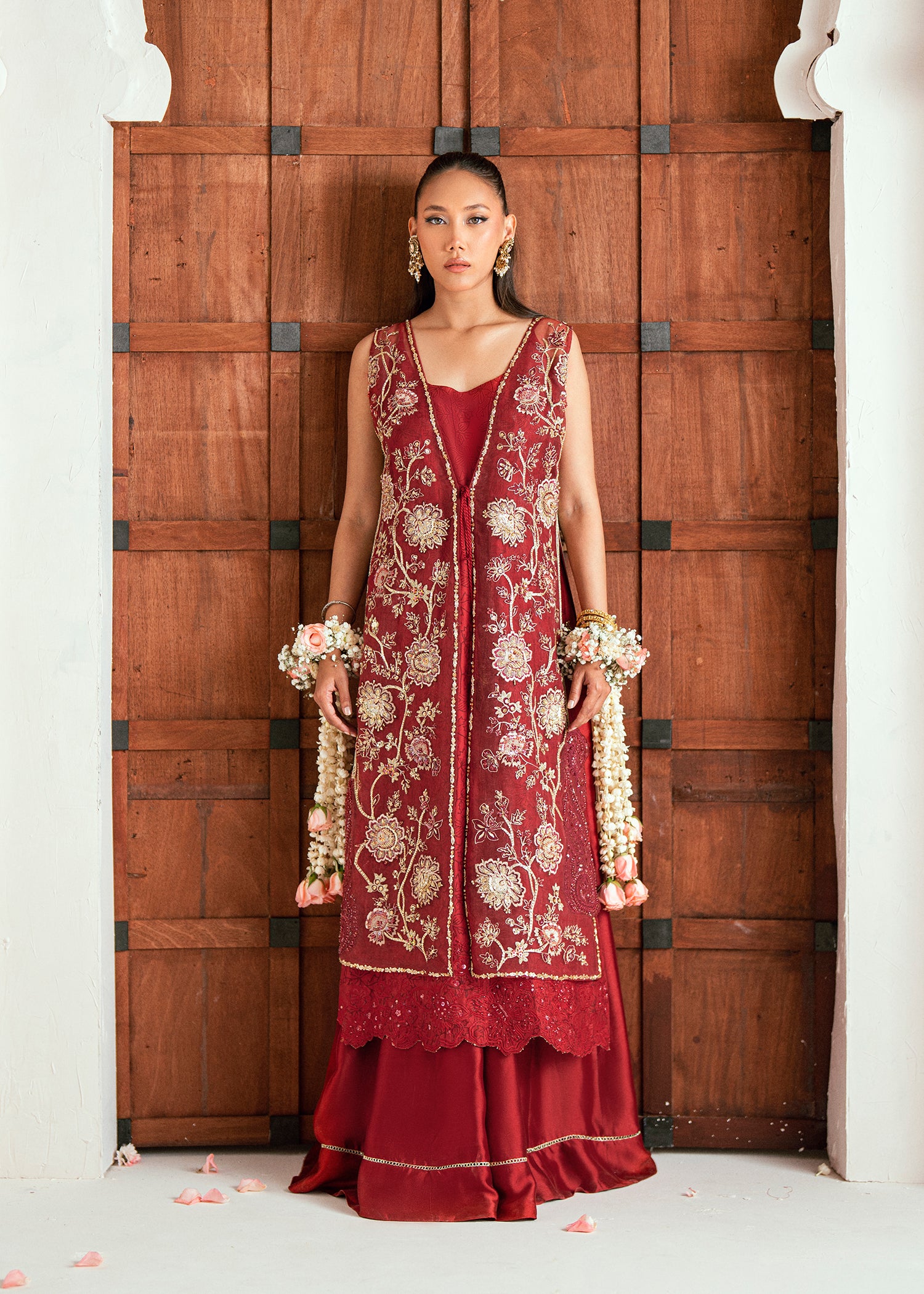 Pakistani Brick Red Embroidered Organza Jacket Set (3-Piece) - Image 1