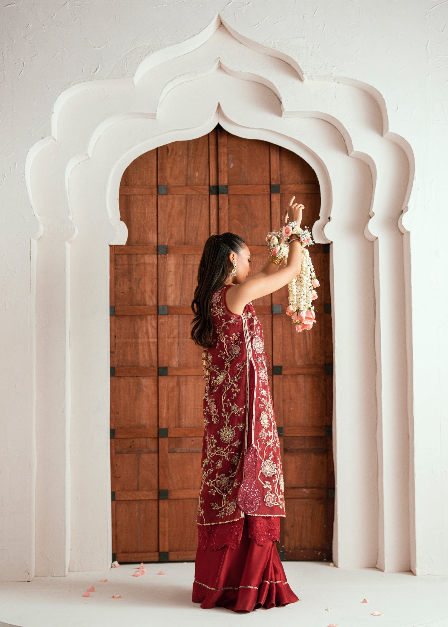 Pakistani Brick Red Embroidered Organza Jacket Set (3-Piece) - Image 10