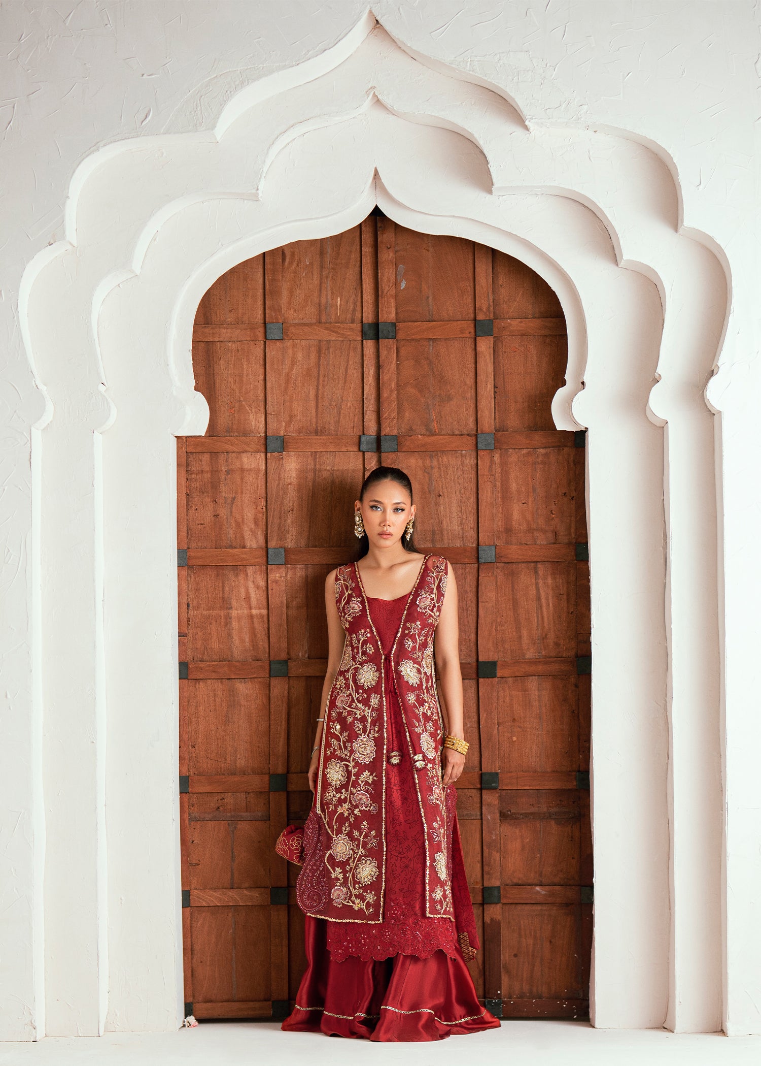 Pakistani Brick Red Embroidered Organza Jacket Set (3-Piece) - Image 11