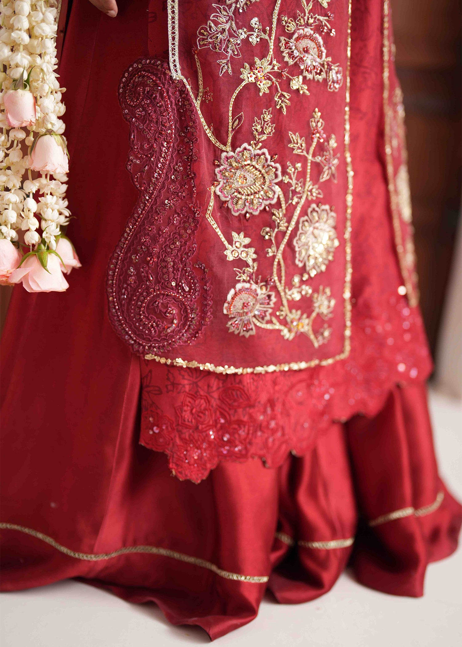 Pakistani Brick Red Embroidered Organza Jacket Set (3-Piece) - Image 2