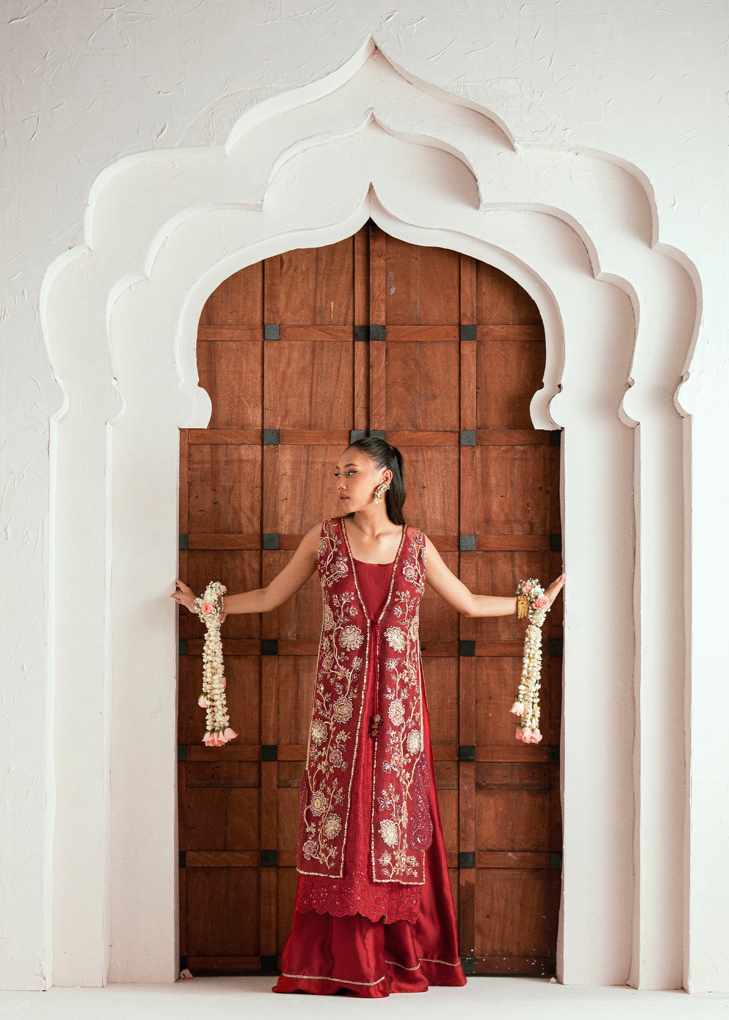 Pakistani Brick Red Embroidered Organza Jacket Set (3-Piece) - Image 5