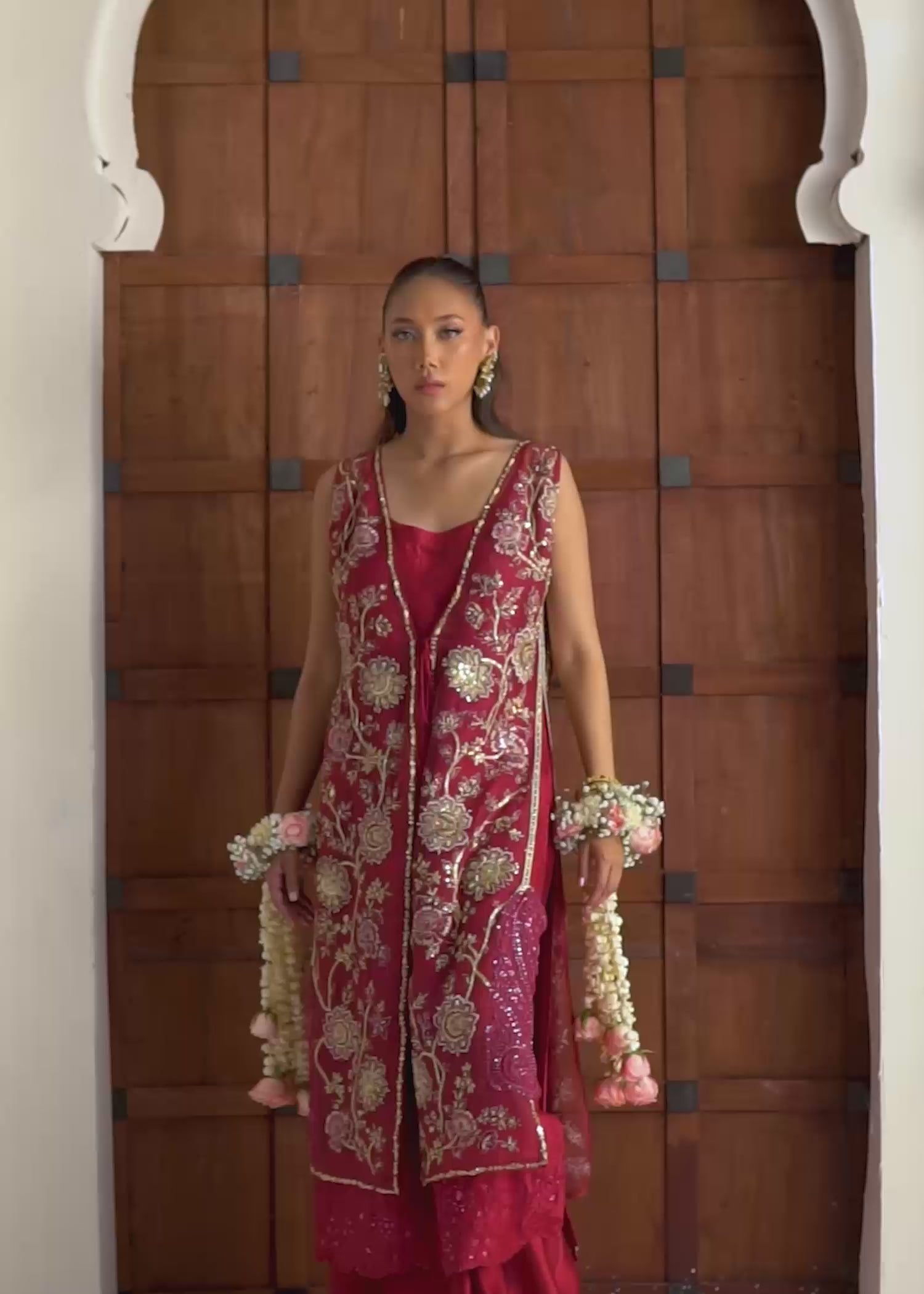 Pakistani Brick Red Embroidered Organza Jacket Set (3-Piece) - Image 6