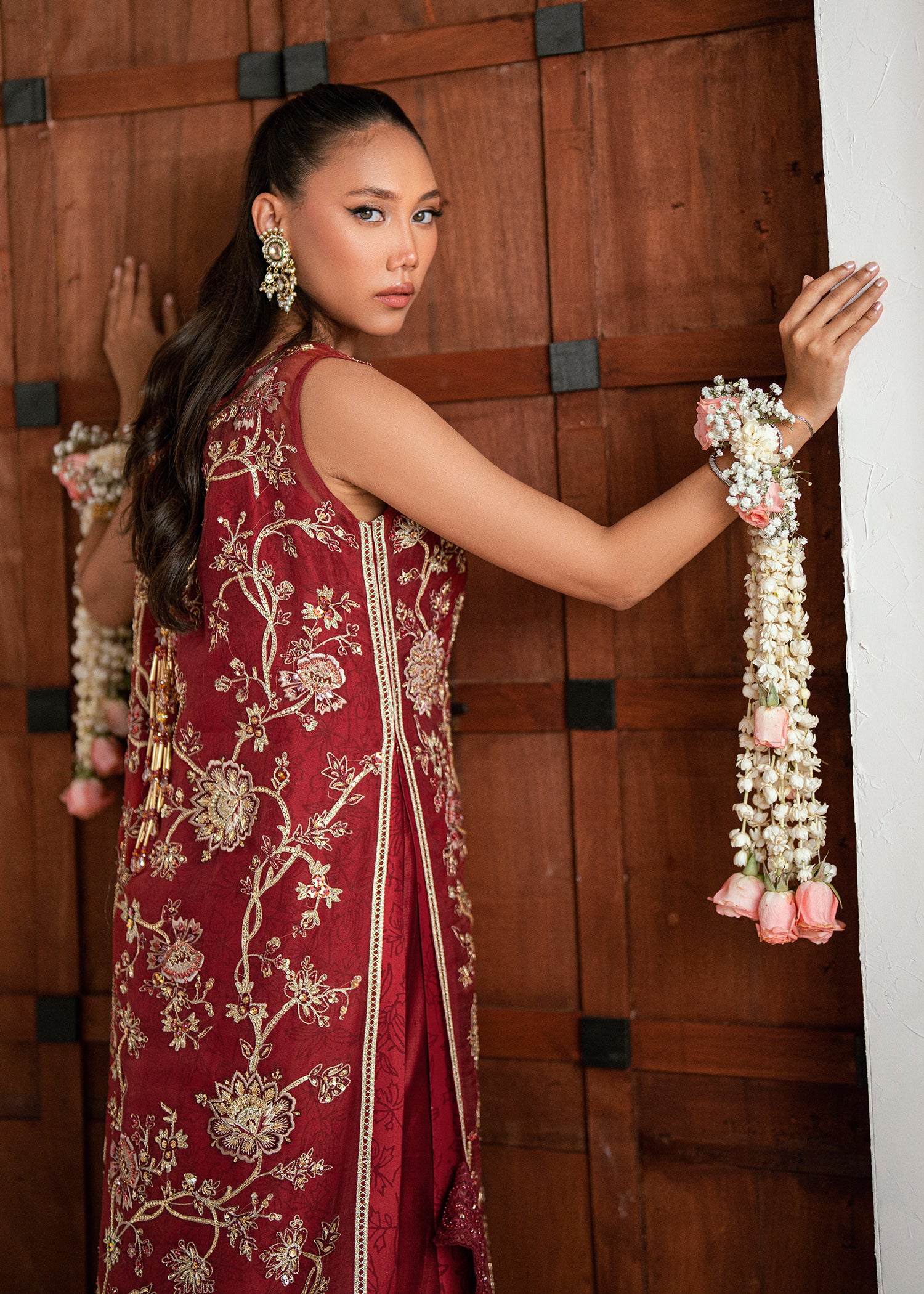 Pakistani Brick Red Embroidered Organza Jacket Set (3-Piece) - Image 7