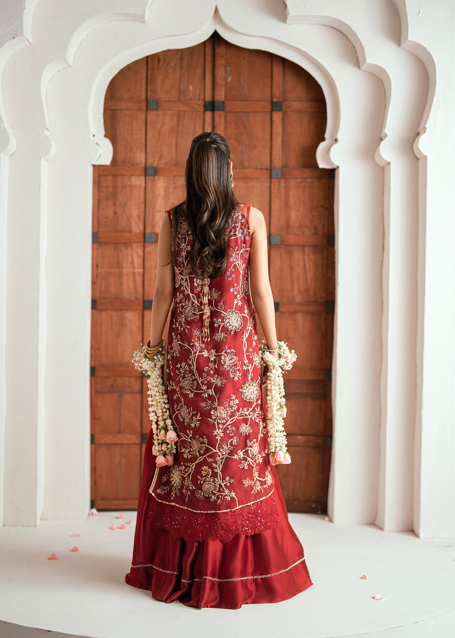 Pakistani Brick Red Embroidered Organza Jacket Set (3-Piece) - Image 9