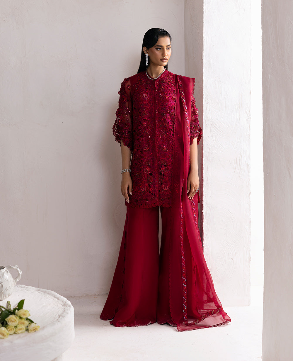 Deep Red Embroidered Organza Kurta Set (3-Piece) - Image 2