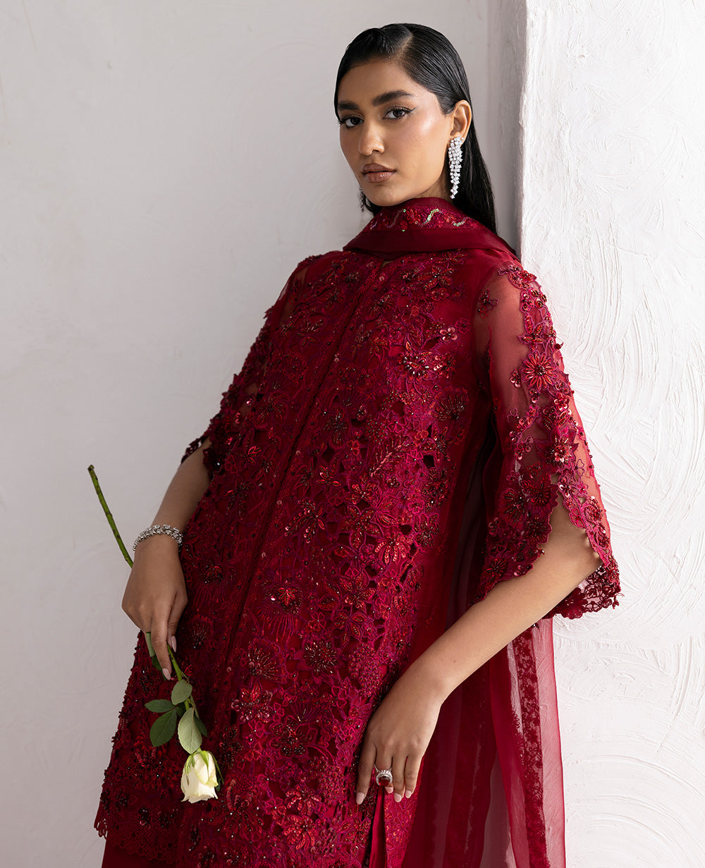 Deep Red Embroidered Organza Kurta Set (3-Piece) - Image 3