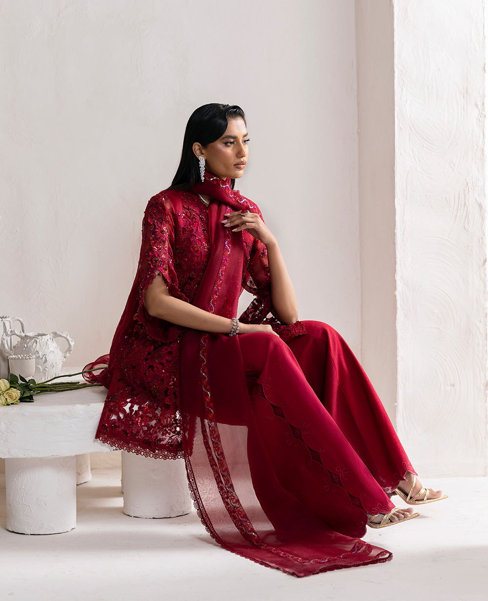 Deep Red Embroidered Organza Kurta Set (3-Piece) - Image 4