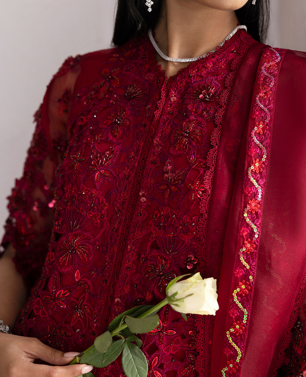 Deep Red Embroidered Organza Kurta Set (3-Piece) - Image 6