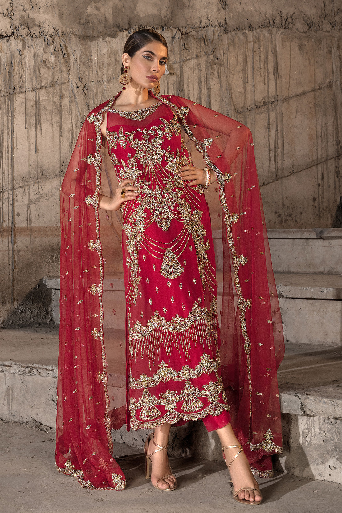 Pakistani Red Embellished Organza Salwar Kameez (3-Piece) - Image 1