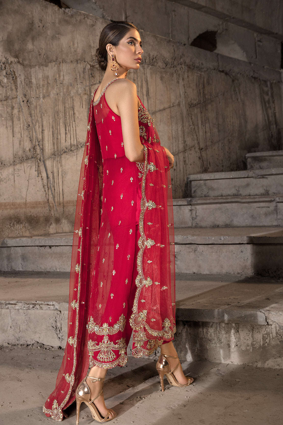 Pakistani Red Embellished Organza Salwar Kameez (3-Piece) - Image 2