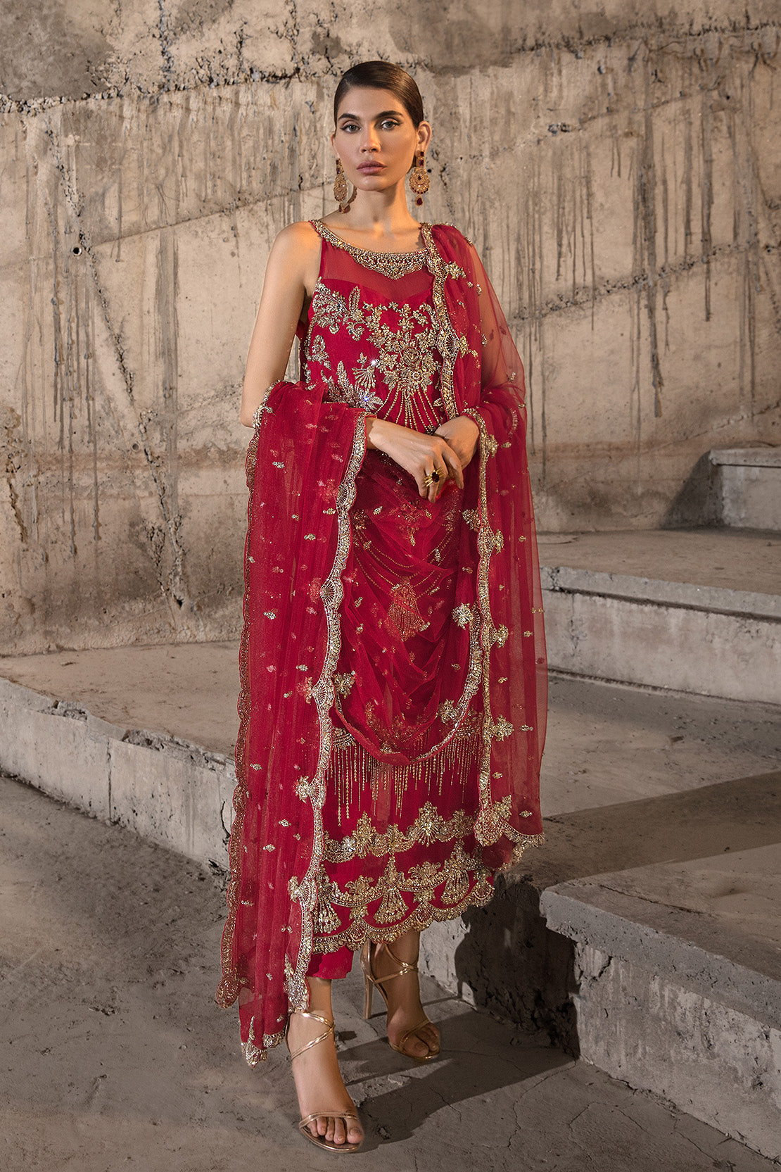 Pakistani Red Embellished Organza Salwar Kameez (3-Piece) - Image 3