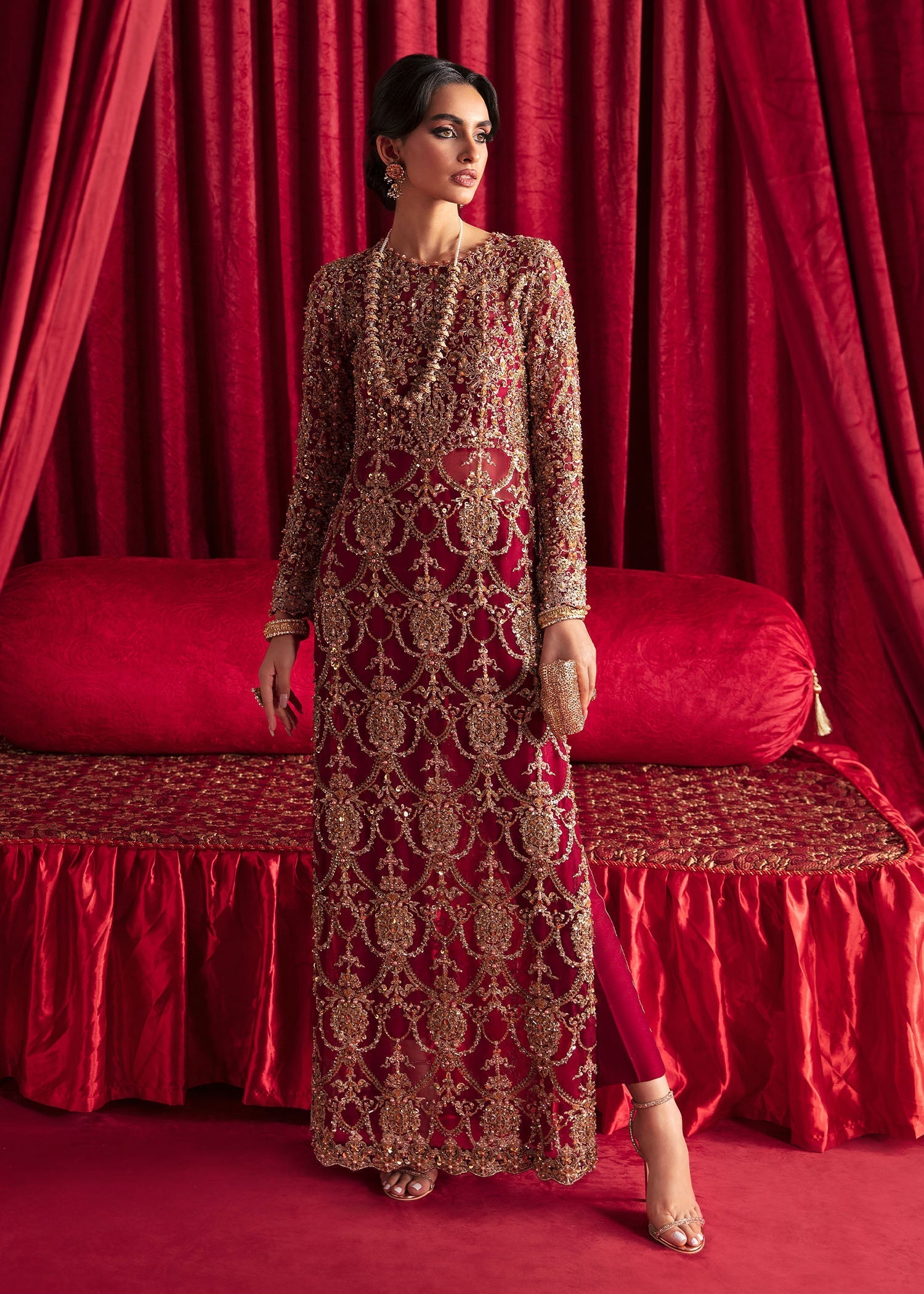 Pakistani Berry Red Embroidered Organza Long Shirt (2-Piece) - Image 1