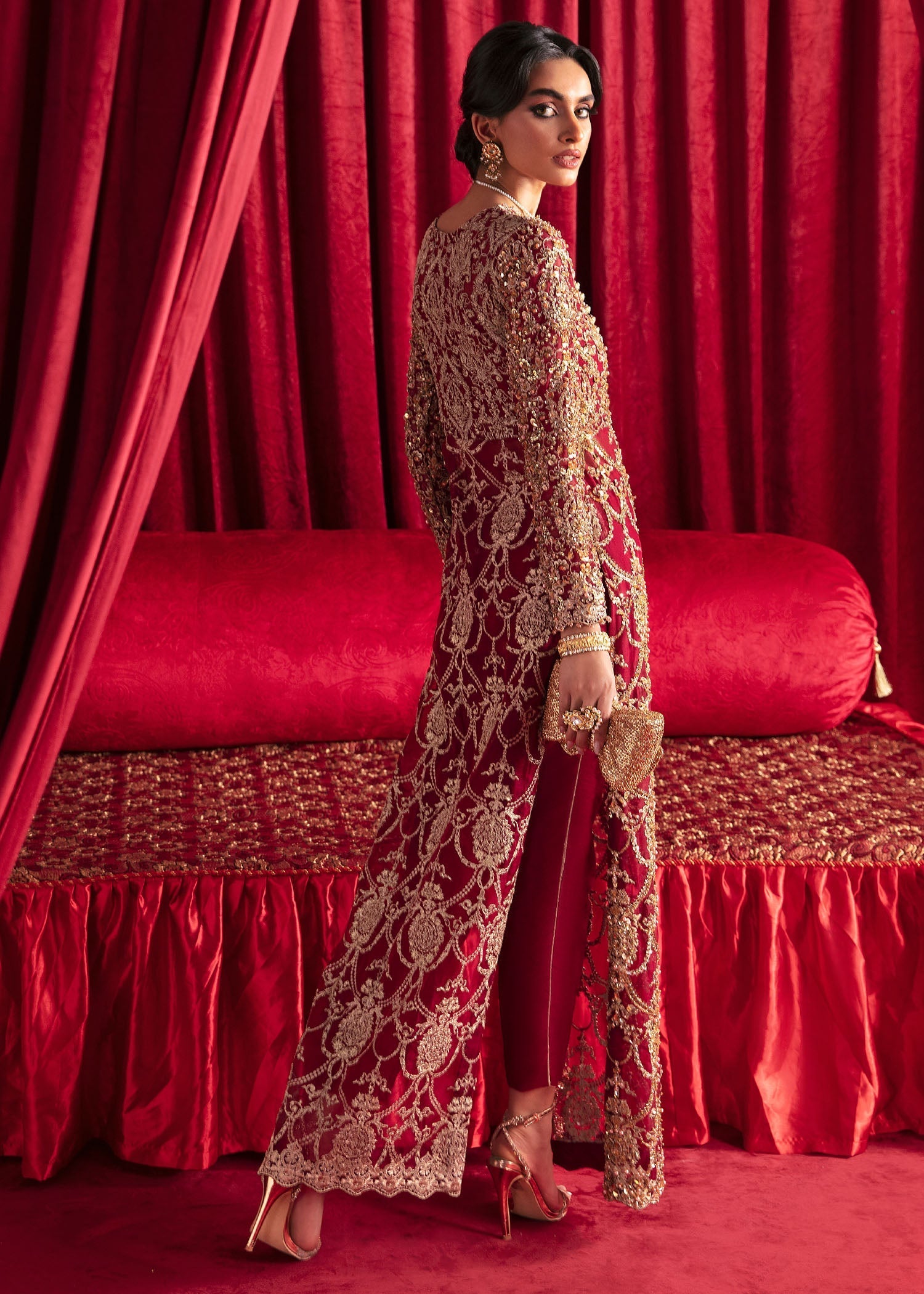 Pakistani Berry Red Embroidered Organza Long Shirt (2-Piece) - Image 2