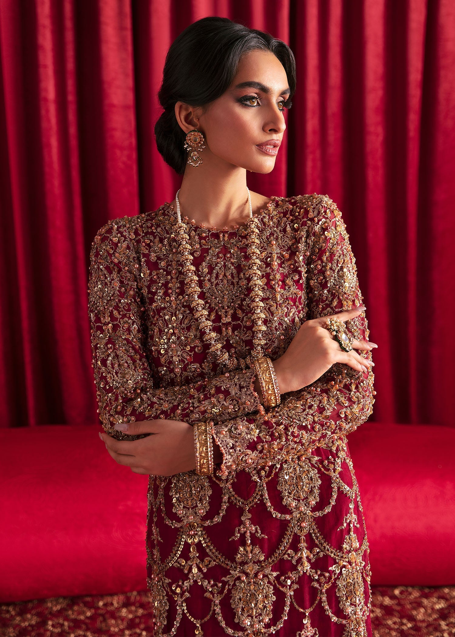 Pakistani Berry Red Embroidered Organza Long Shirt (2-Piece) - Image 3