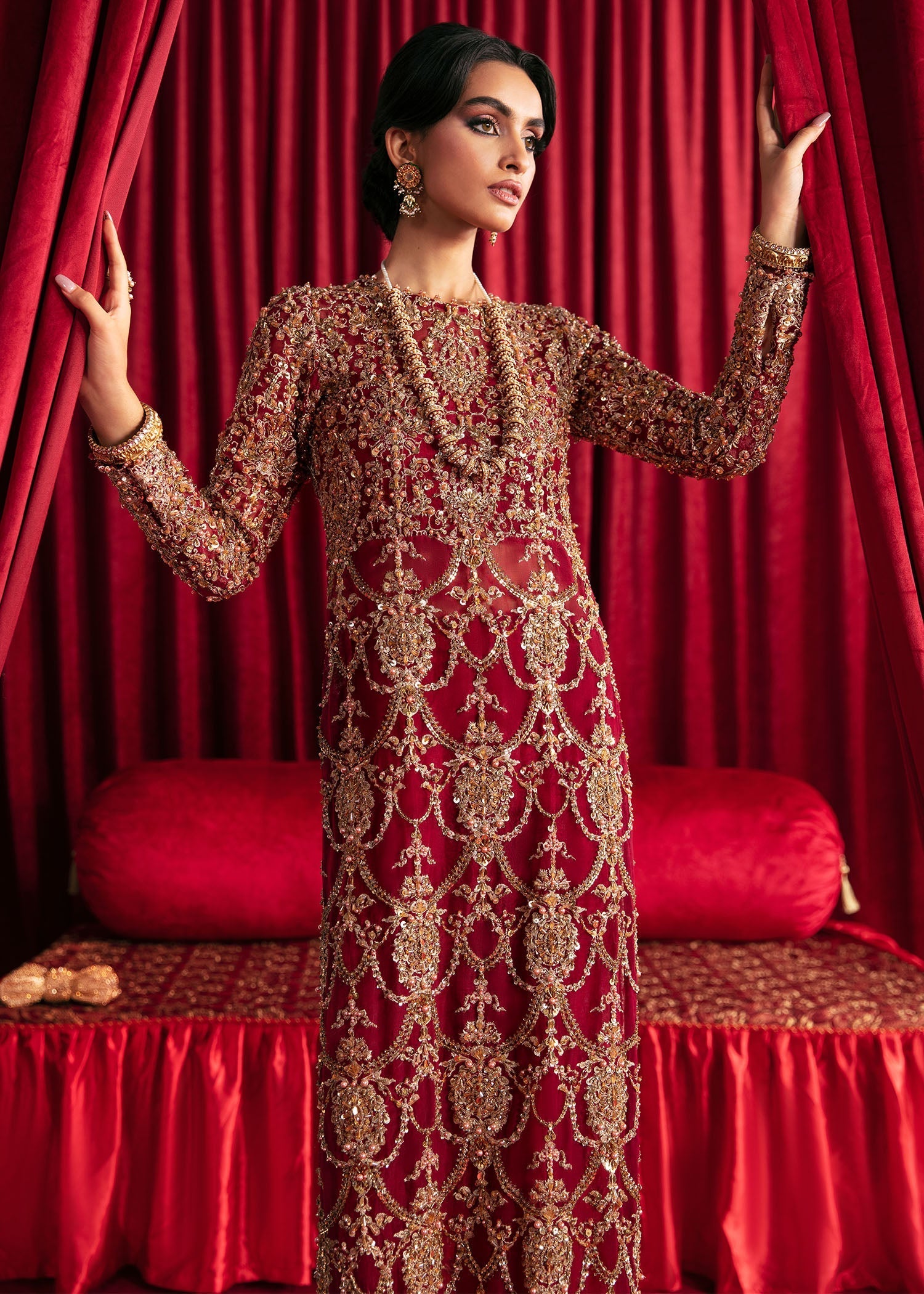 Pakistani Berry Red Embroidered Organza Long Shirt (2-Piece) - Image 4