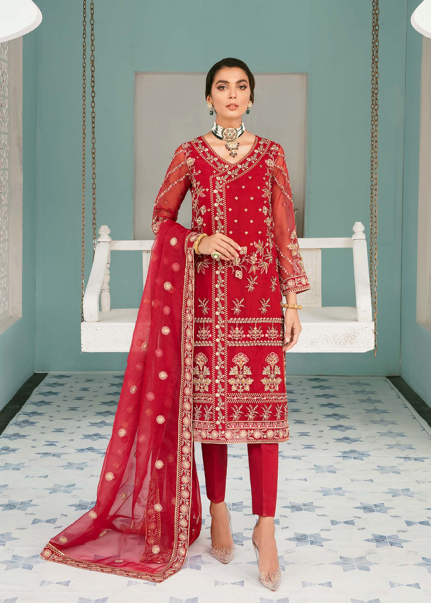 Pakistani Deep Red Hand-Embellished Organza Salwar Kameez (3-Piece) - Image 2