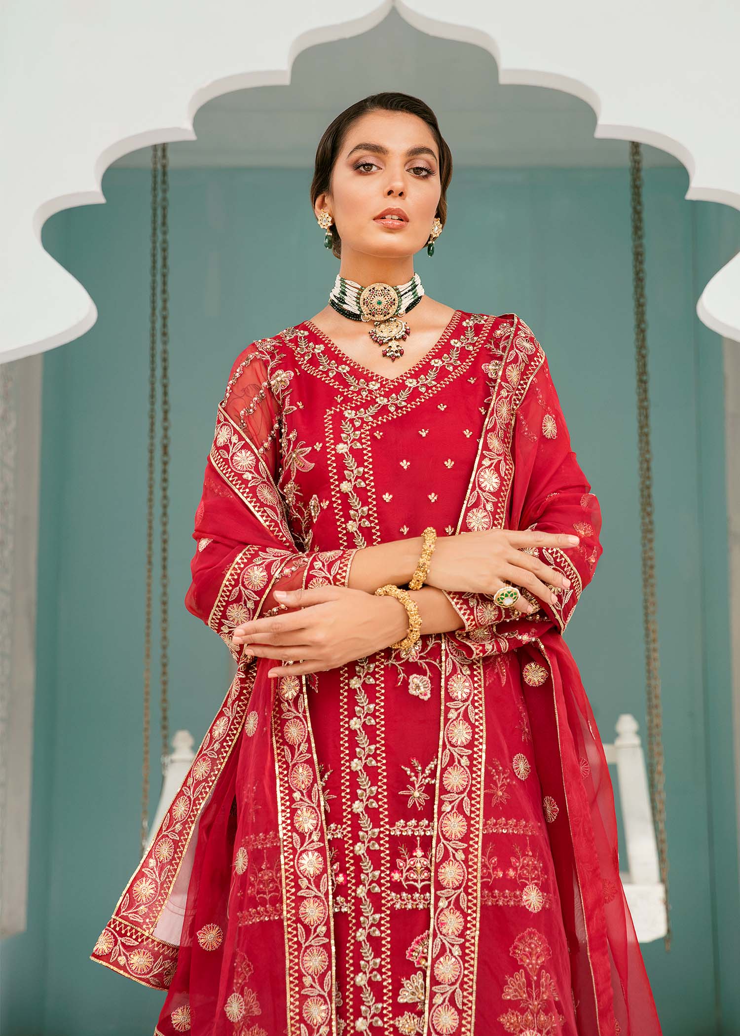 Pakistani Deep Red Hand-Embellished Organza Salwar Kameez (3-Piece) - Image 3
