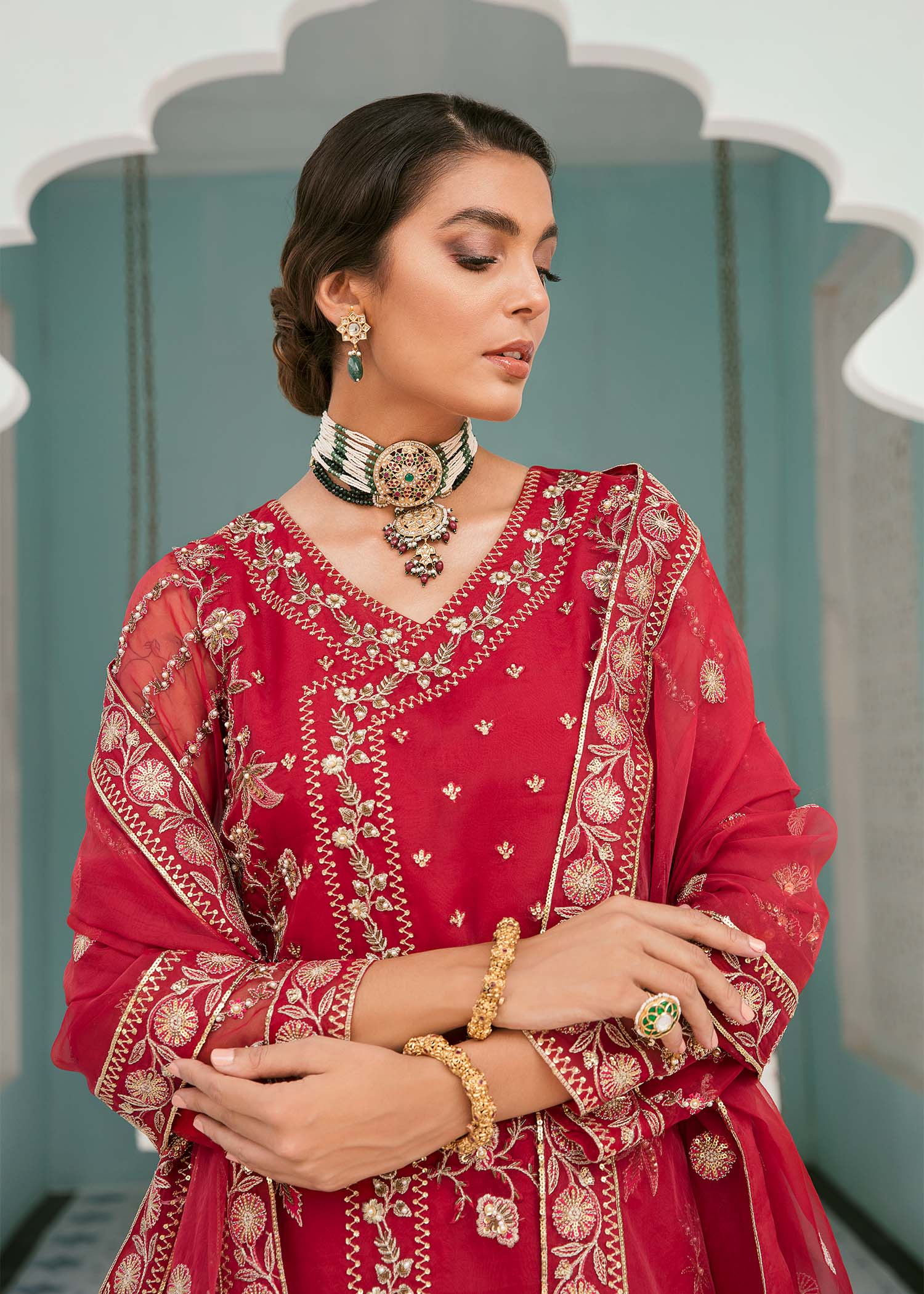 Pakistani Deep Red Hand-Embellished Organza Salwar Kameez (3-Piece) - Image 5