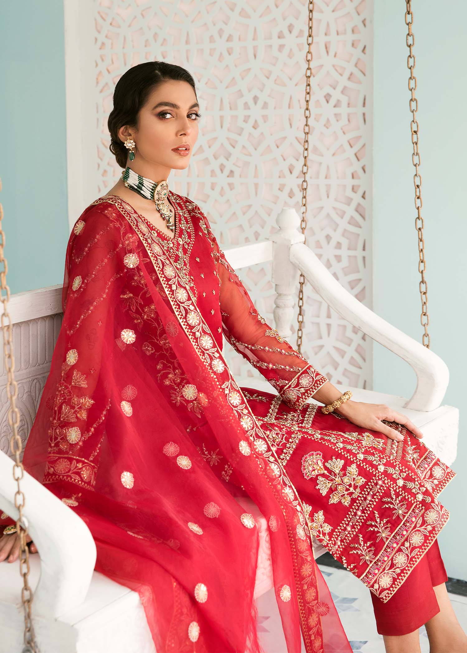 Pakistani Deep Red Hand-Embellished Organza Salwar Kameez (3-Piece) - Image 6