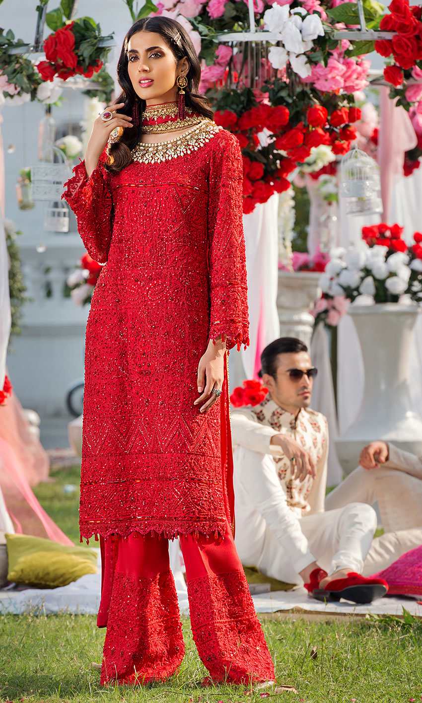 Pakistani Scarlet Red Embellished Organza Salwar Kameez (3-Piece) - Image 1