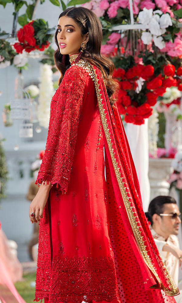 Pakistani Scarlet Red Embellished Organza Salwar Kameez (3-Piece) - Image 4